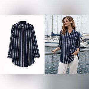 Navy White Stripe Button Front Tunic Shirt Nautical Floaty Workwear Size 4